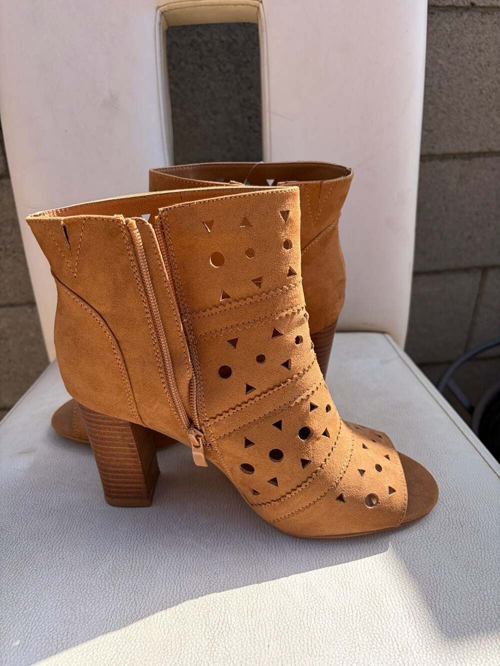 Torrid Laser Cut Peep Toe Booties Size 10 Cognac Brown Block Heel